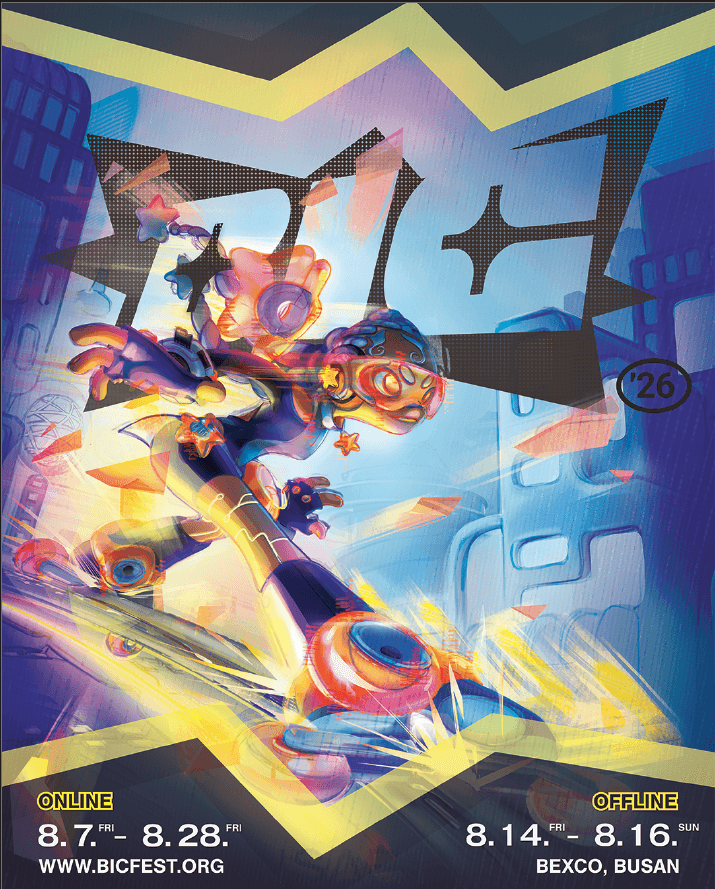 Busan Indie Connect Festival 2026 poster with a colourful illustrated character and the festival dates