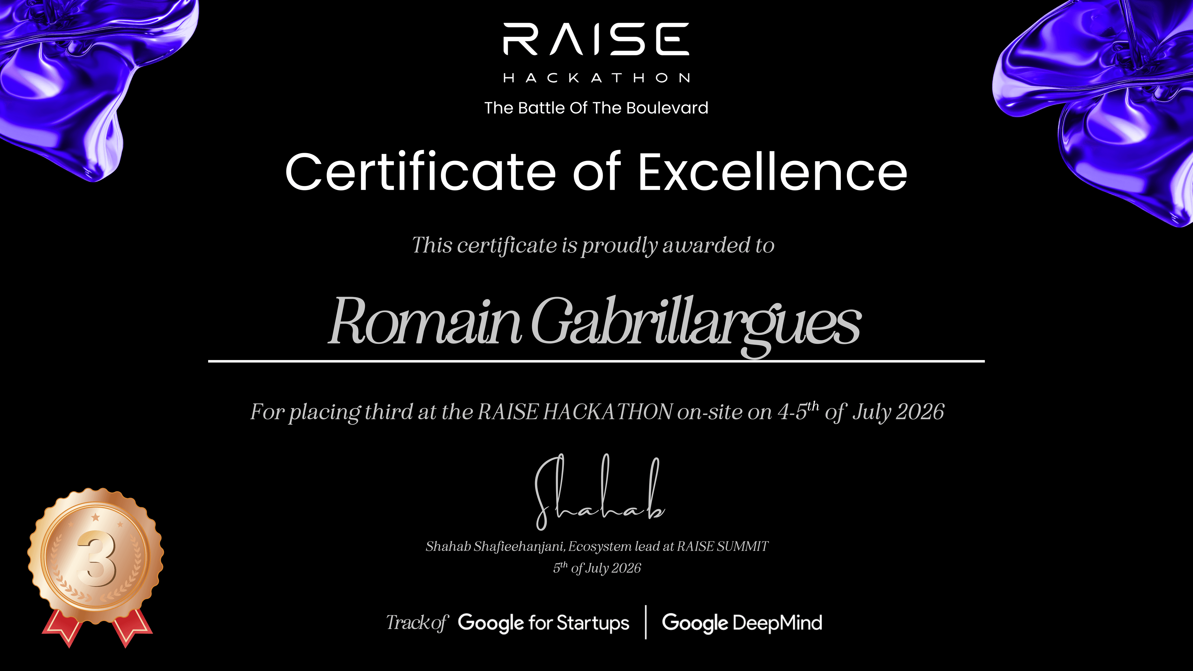 Certificate of Excellence awarded to Romain Gabrillargues for third place in the Google DeepMind track at the RAISE Hackathon, July 2026