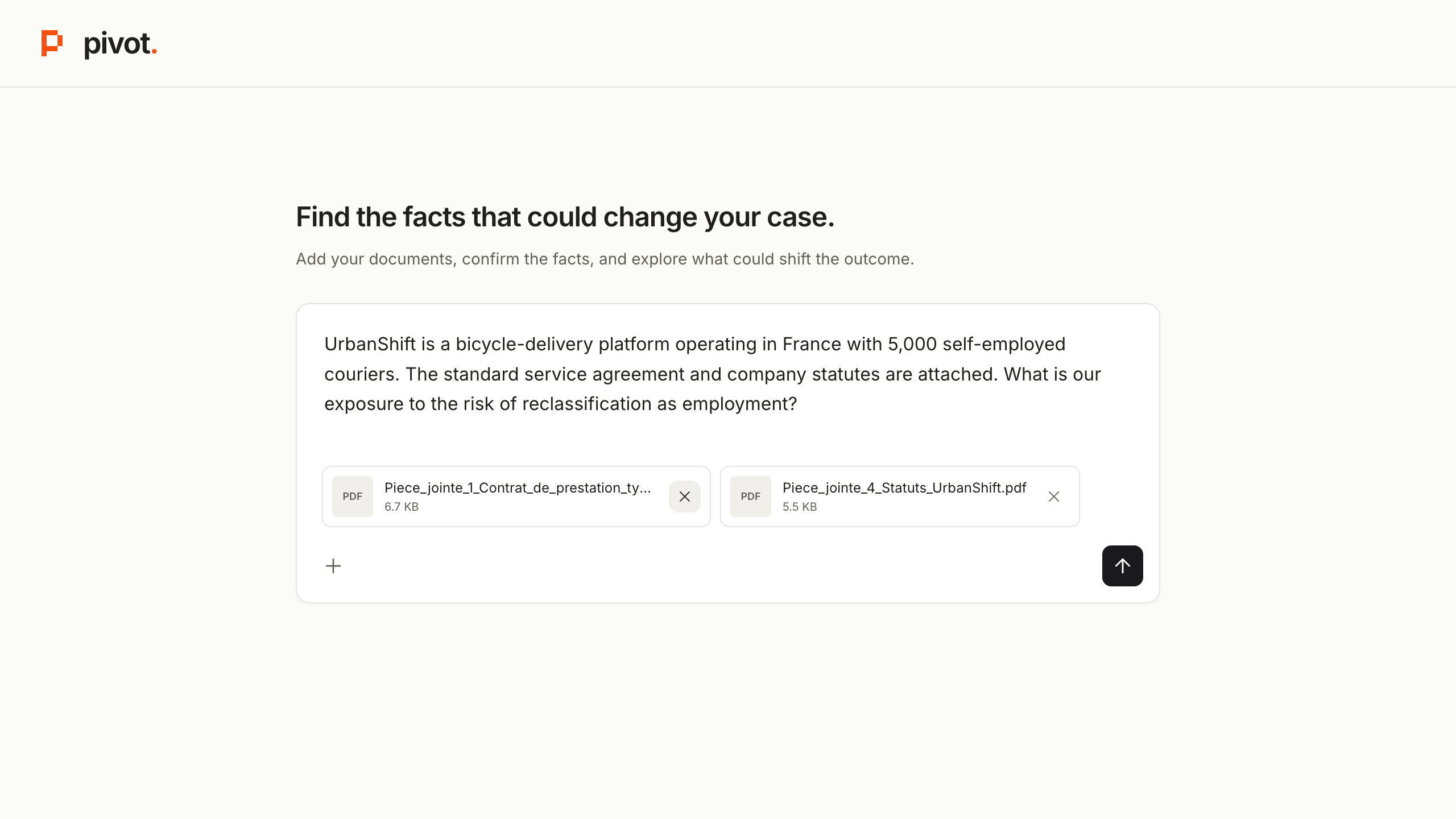 Pivot’s case prompt with a question about the employment status of couriers at the fictional UrbanShift platform