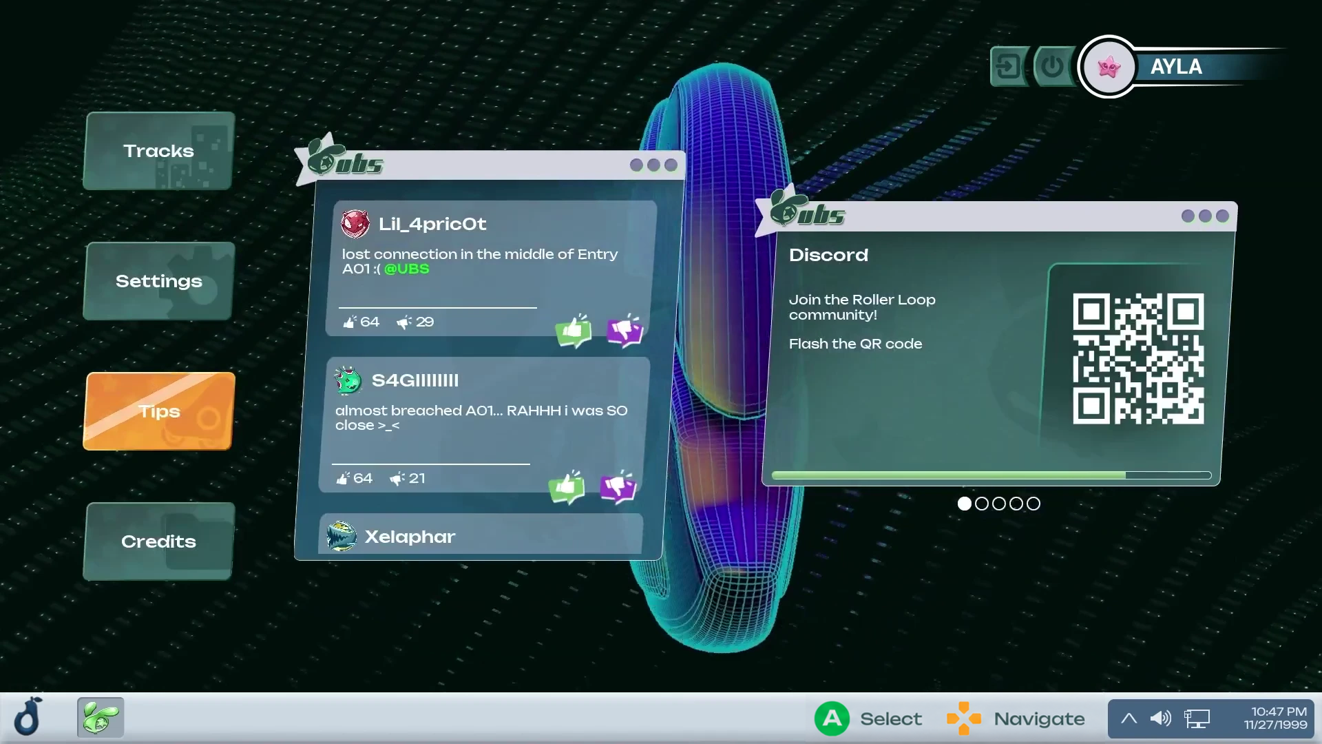 Roller Loop’s desktop-style main menu with translucent windows, track and settings navigation, and a taskbar with controller prompts