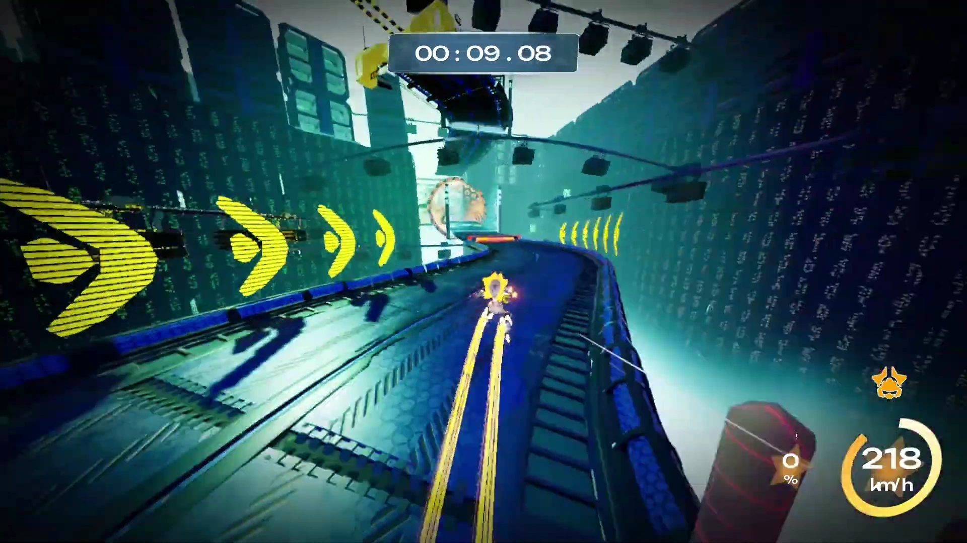 Roller Loop racing interface with the timer above the track, speed indicator at the bottom right, and yellow trails behind the skater