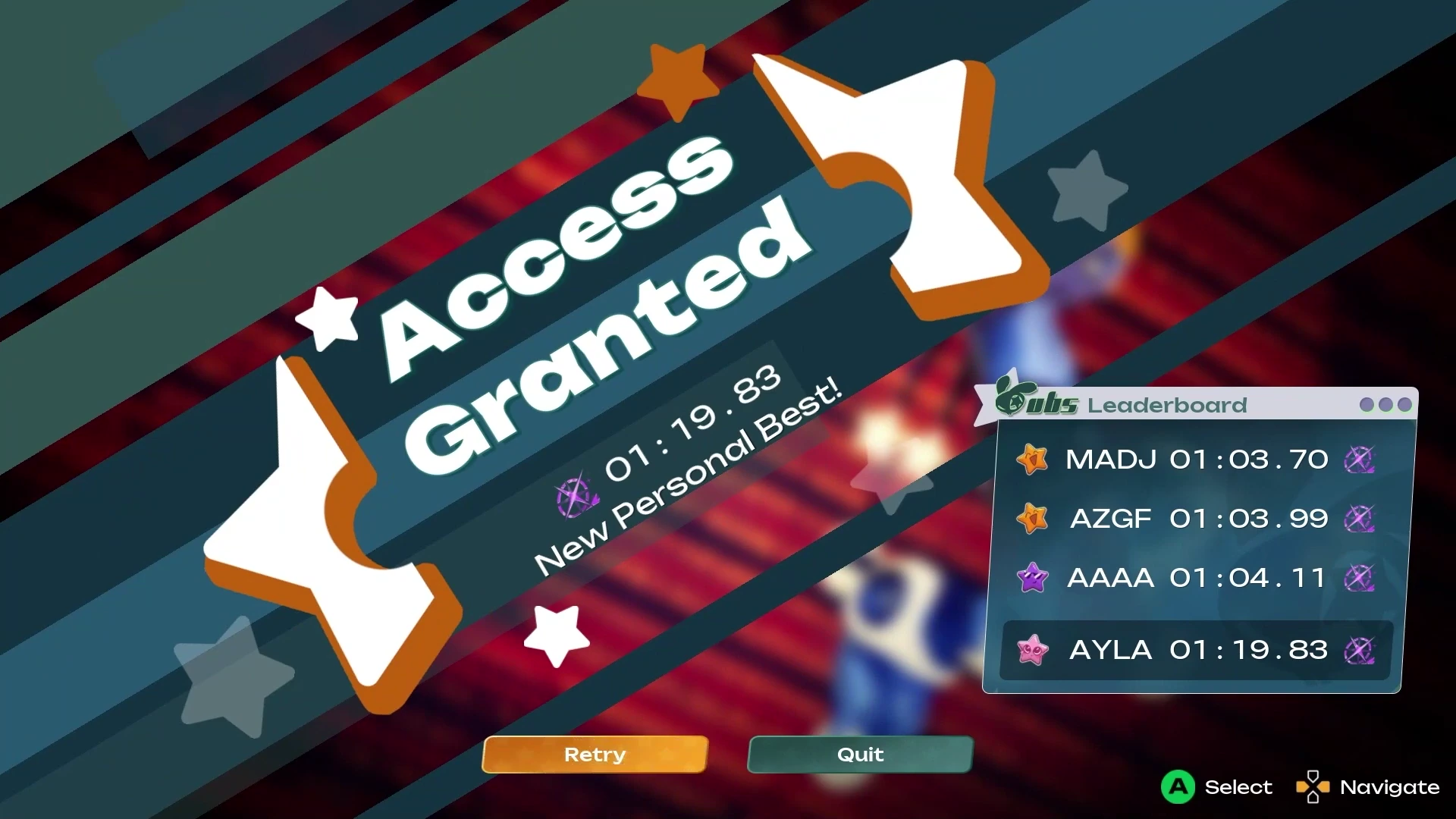 Roller Loop’s Access Granted results screen showing a personal best, leaderboard, and retry and quit controls