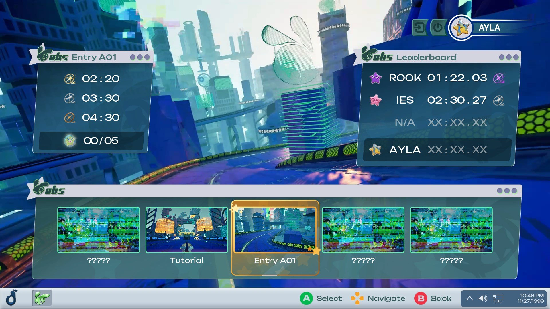 Roller Loop’s track selector with Entry A01 selected, medal target times on the left, a leaderboard on the right, and track previews along the bottom